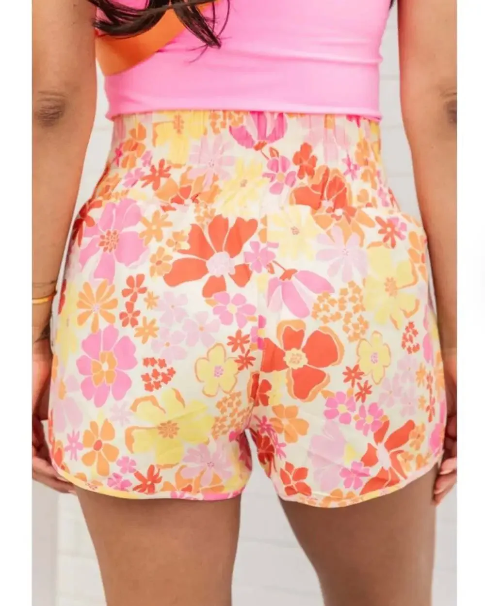 Trendsi Retro Orange and Pink Floral High Waisted Smocked Running Shorts